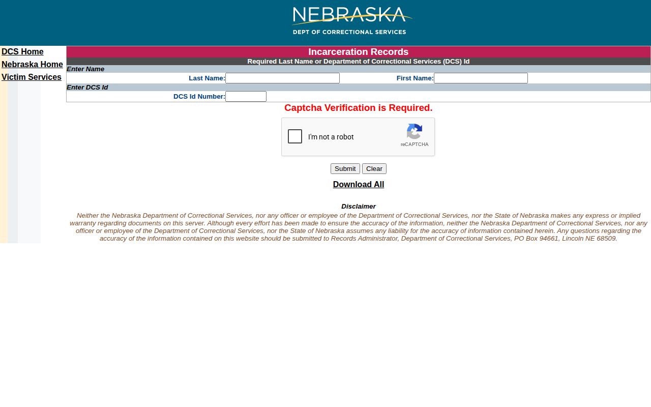 Nebraska Department of Correctional Services search for Merrick County state custody records